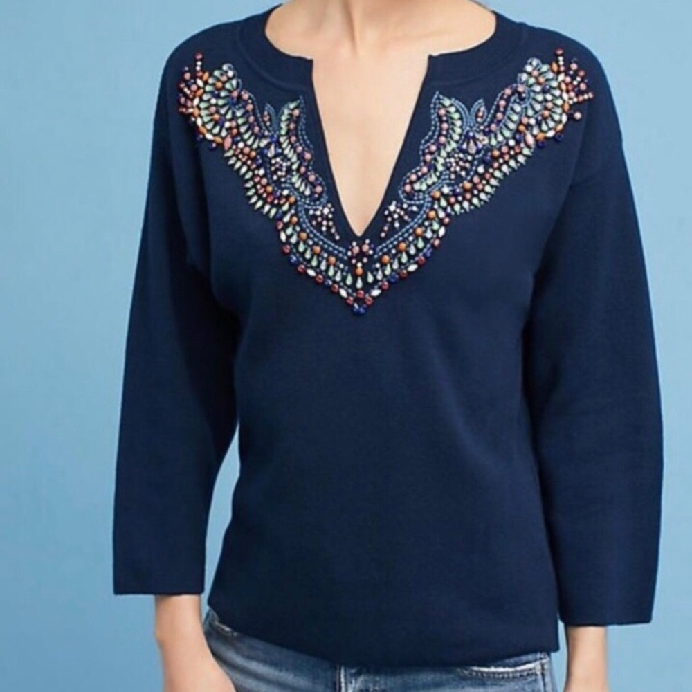 ANTHROPOLOGIE Moth Beaded Sweater Navy Size XS